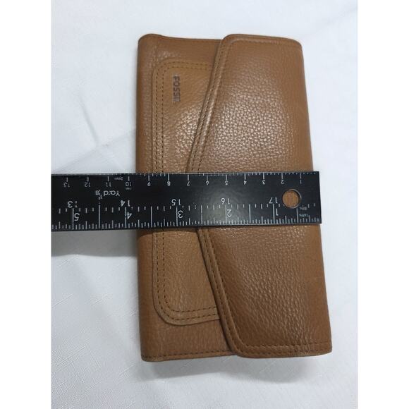 Vintage Fossil Leather Trifold Wallet Camel Brown With Checkbook Cover Slim - Picture 12 of 15